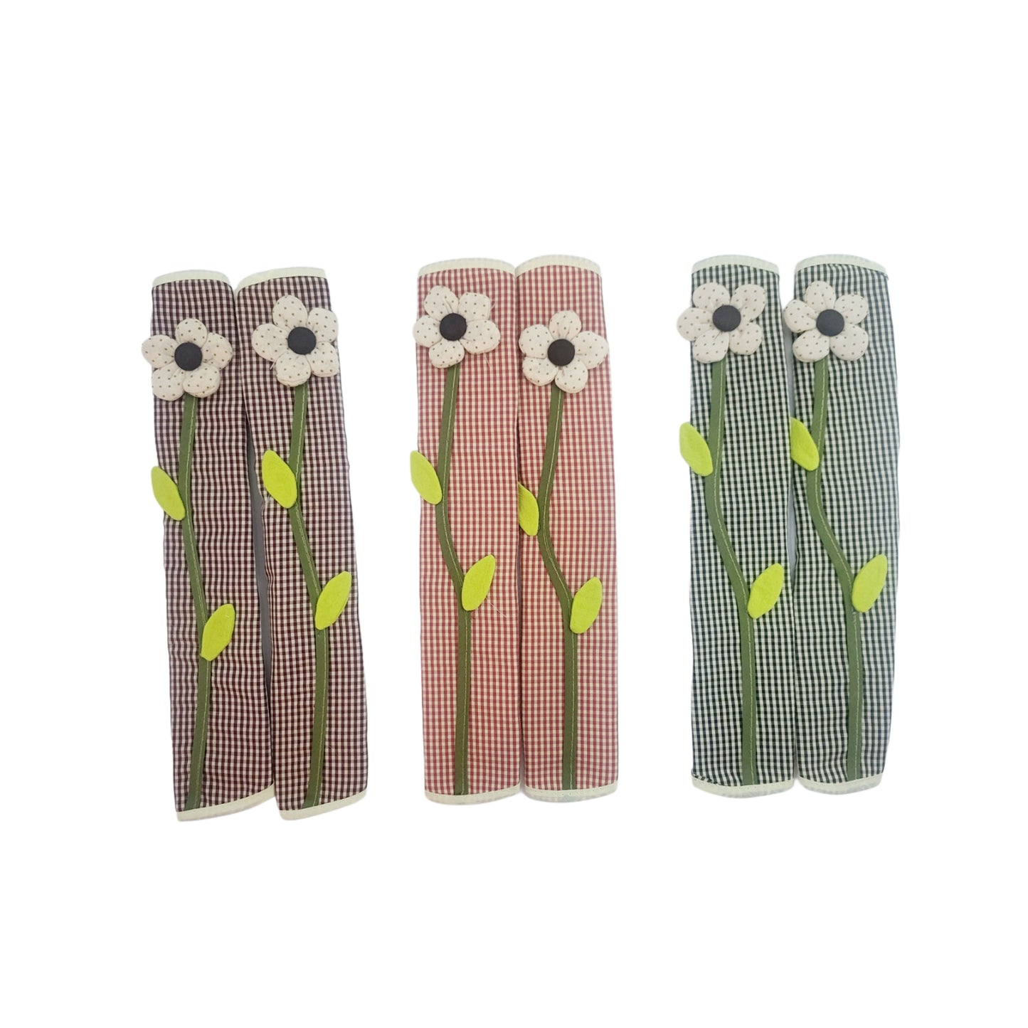 Refrigerator Handle/Seat Belt Covers Large (2 pcs - Cute Plaid Flower Design) - Washable cloth, velcro straps