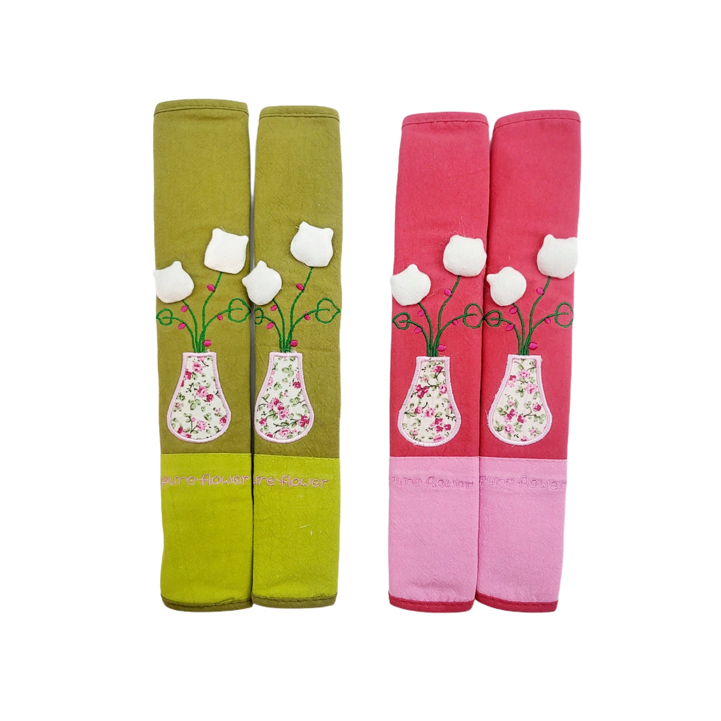 Refrigerator Handle/Seat Belt Covers Large (2 pcs - Cute Flower Design) - Washable cloth, velcro straps