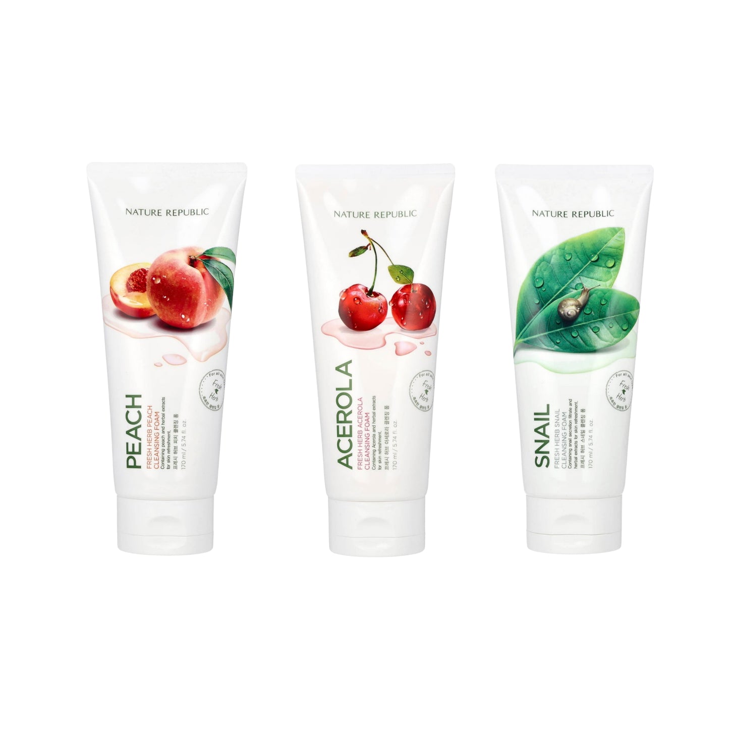 Nature Republic - FOAM CLEANSERS (170 ml / 5.74 fl. oz) - Acerola, Snail, Peach - Made in Korea