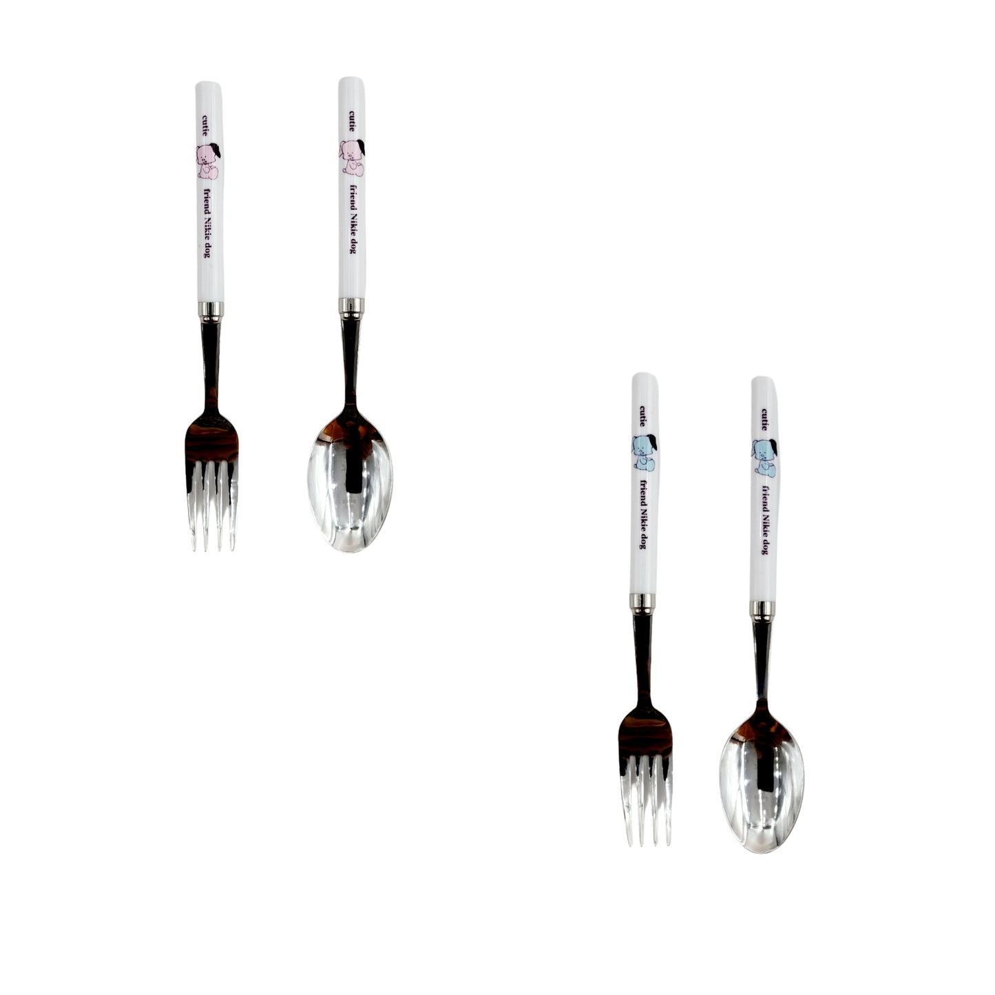 Kids Long Spoon & Fork Set - Puppy Design (2 colors: Pink, Blue) - Made in Korea