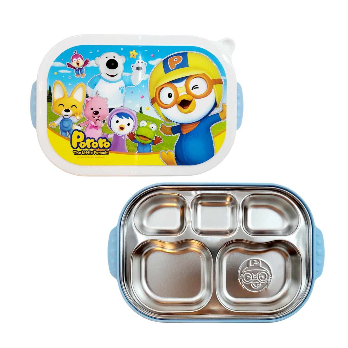 Pororo Stainless Steel Food Tray With Lid (5 Partition) - Pink & Blue - Made in Korea