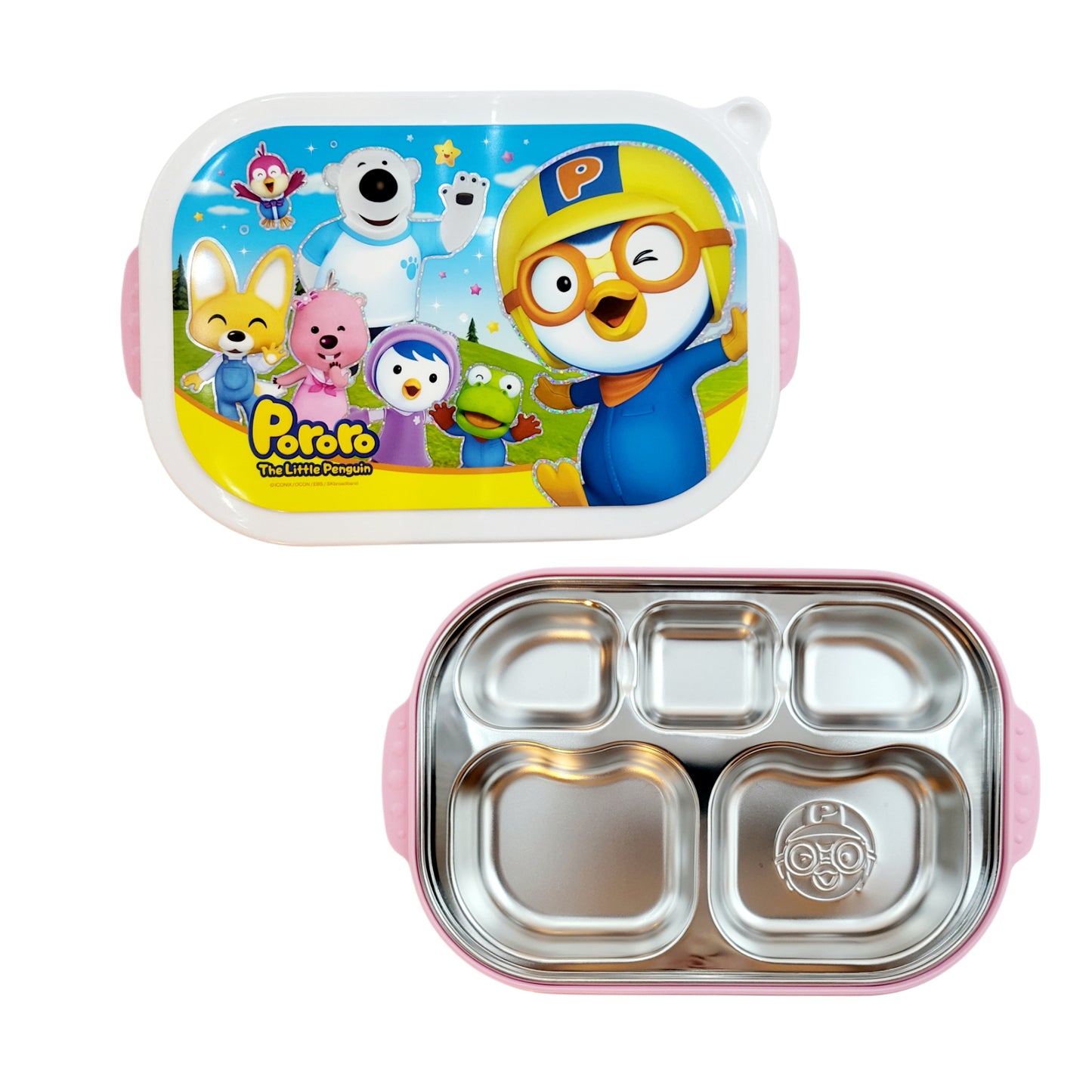 Pororo Stainless Steel Food Tray With Lid (5 Partition) - Pink & Blue - Made in Korea