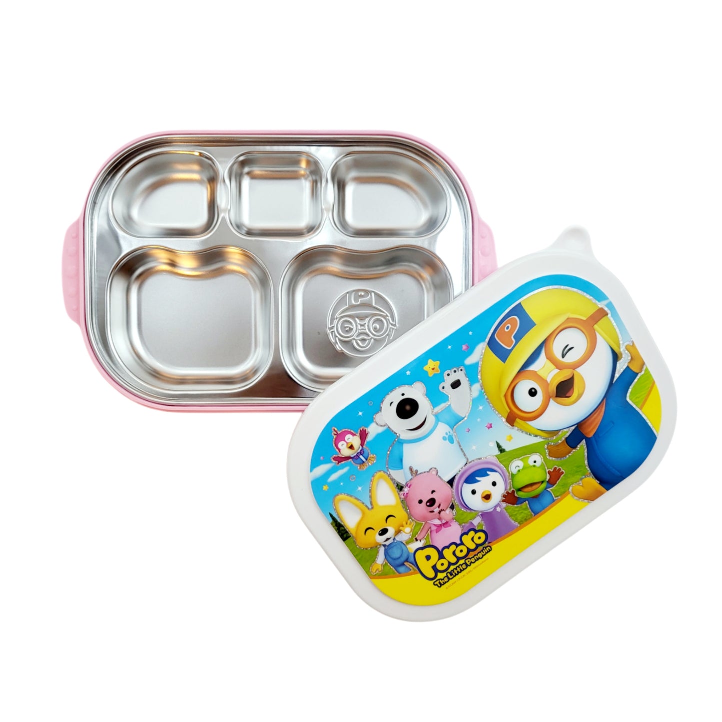 Pororo Stainless Steel Food Tray With Lid (5 Partition) - Pink & Blue - Made in Korea