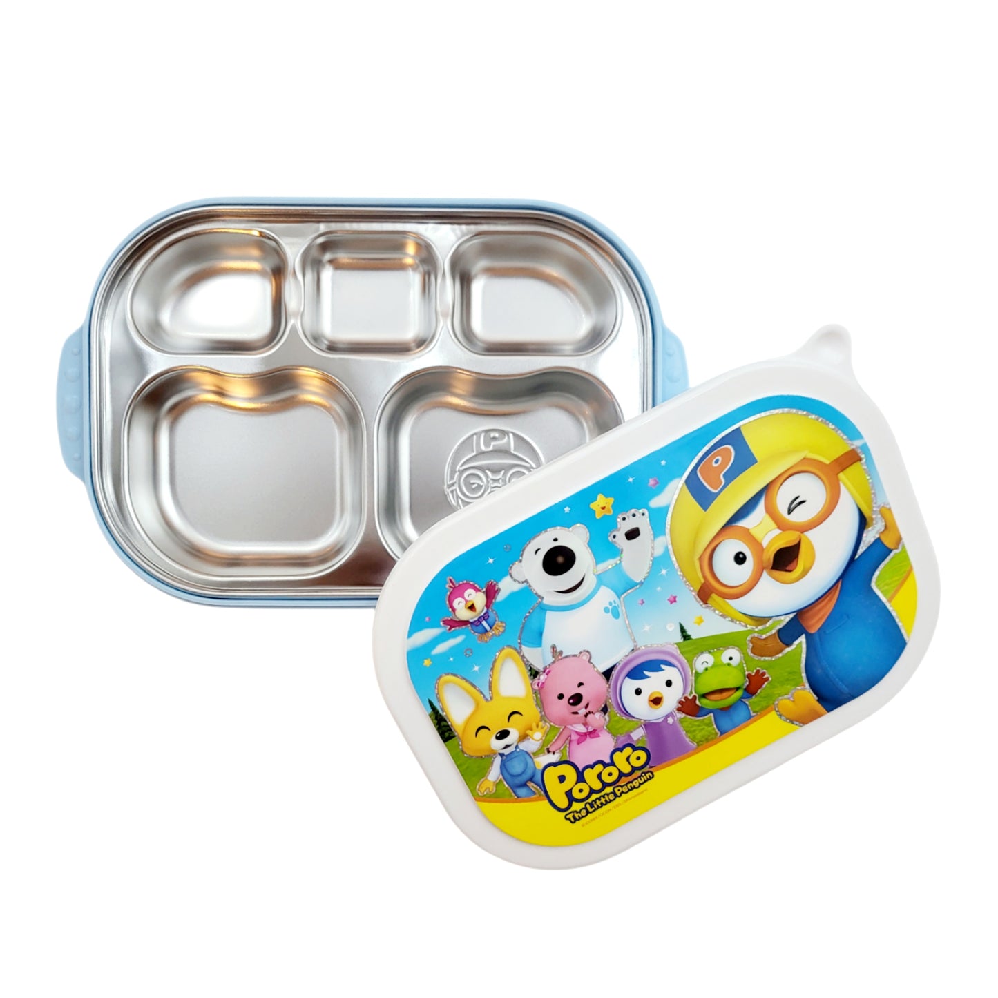 Pororo Stainless Steel Food Tray With Lid (5 Partition) - Pink & Blue - Made in Korea