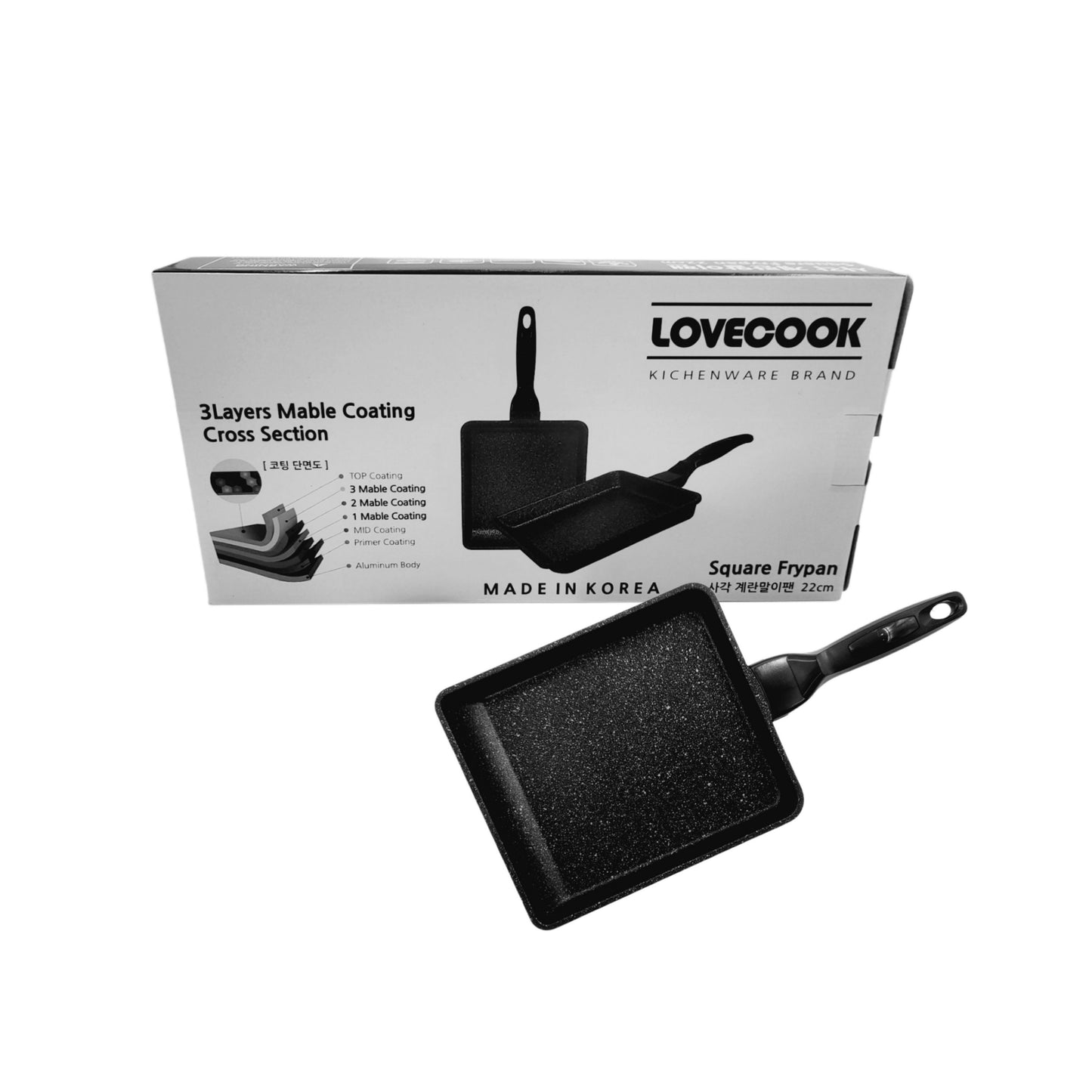 Lovecook 22cm Marble Coated Square Fry Pan - Made in Korea