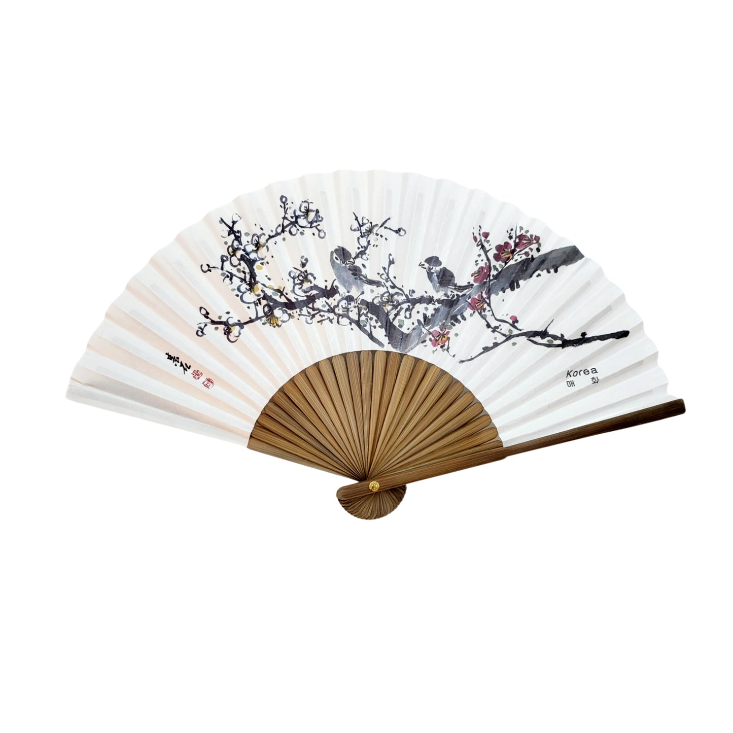 Traditional Korean Minseok Folding Paper Fan - Beautiful Birds In Tree Design