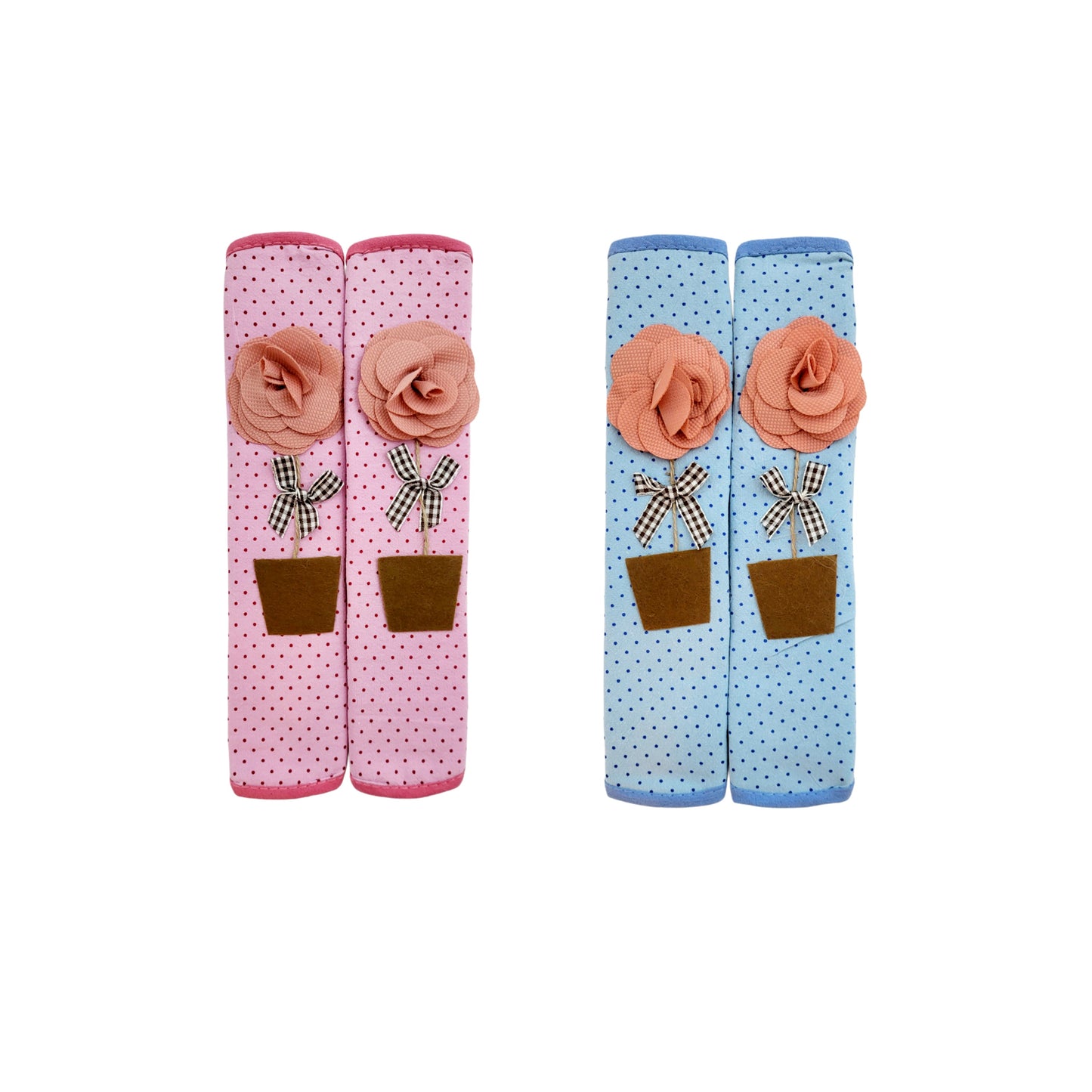 Refrigerator Handle/Seat Belt Covers Small (2 pcs - Cute Flower Pot Design) - Washable cloth, velcro straps