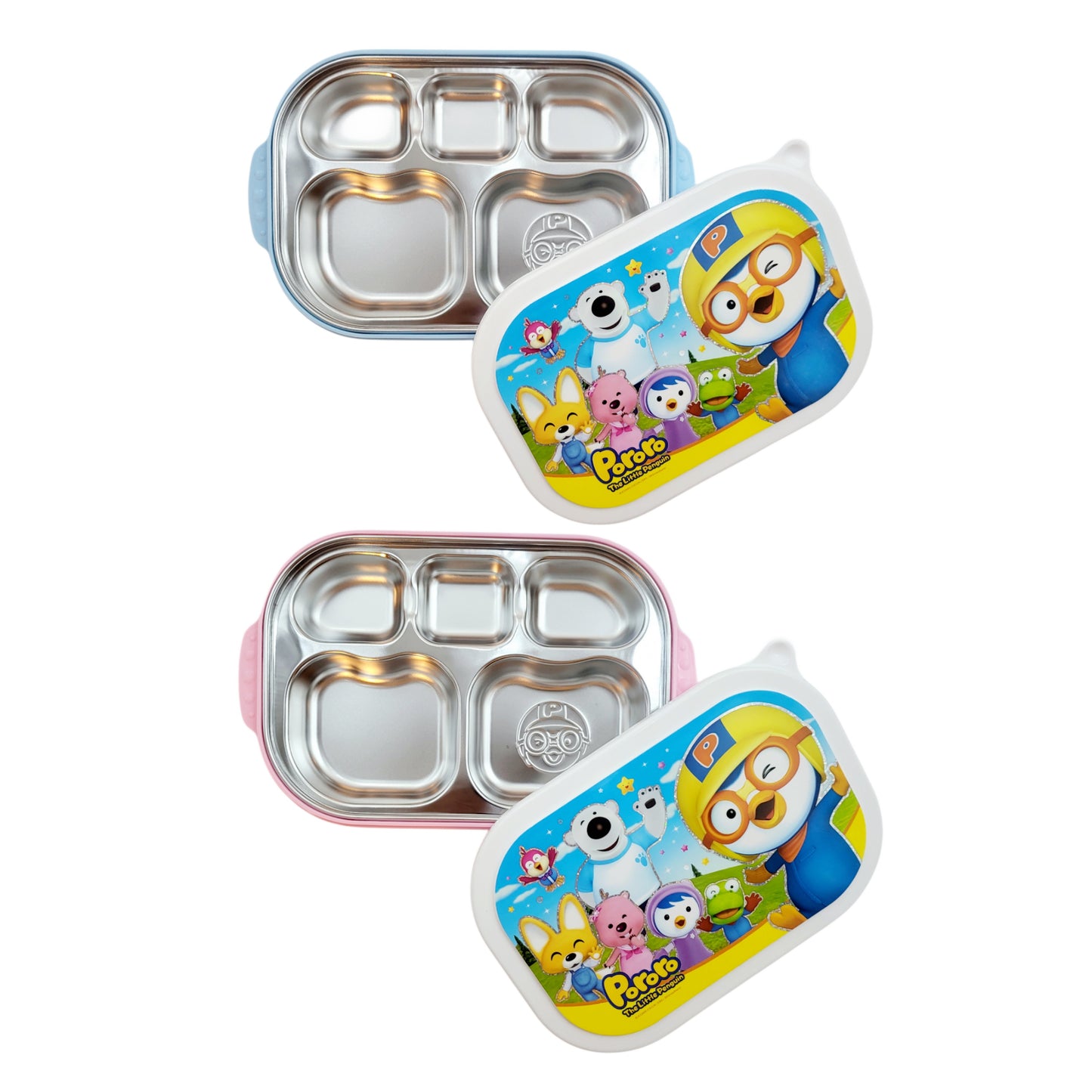Pororo Stainless Steel Food Tray With Lid (5 Partition) - Pink & Blue - Made in Korea