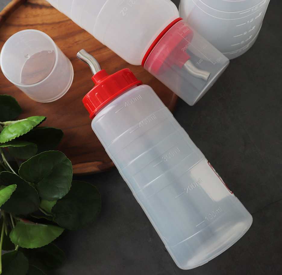 ALS Wide Spout Sauce Bottles W/ Measuring Lid - Made in Korea (Stainless Steel Spout - 2 Sizes)