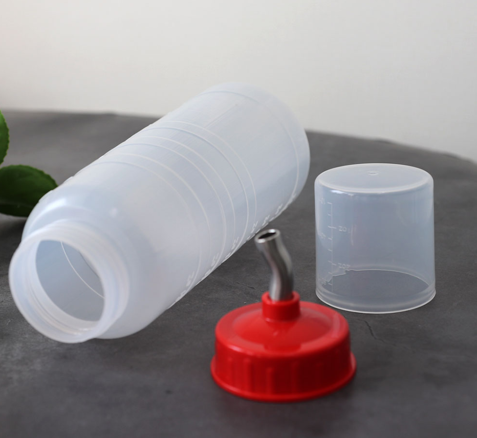 ALS Wide Spout Sauce Bottles W/ Measuring Lid - Made in Korea (Stainless Steel Spout - 2 Sizes)