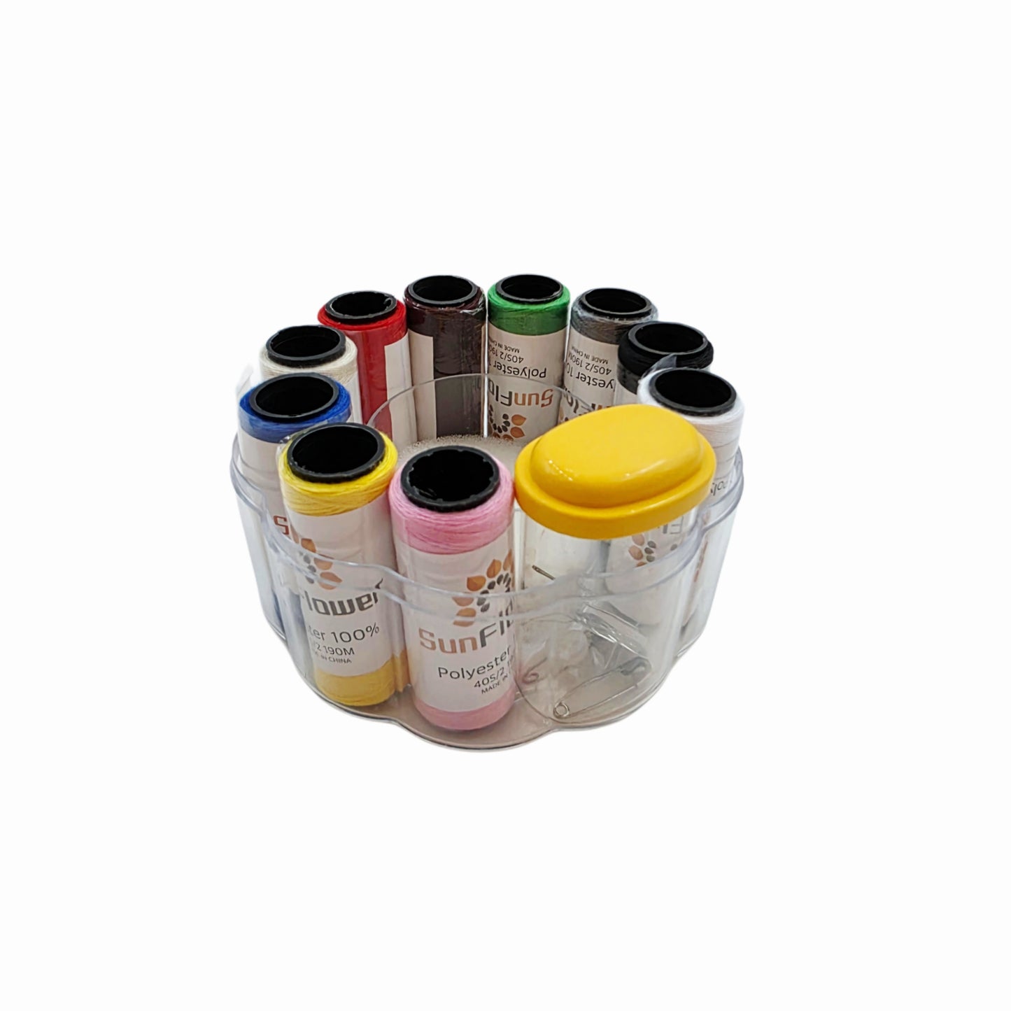 "SunFlower" Portable Sewing Kit – 19-Piece Thread & Repair Set W/ Durable See-Thru Case & Carrying Handle - Made in Korea