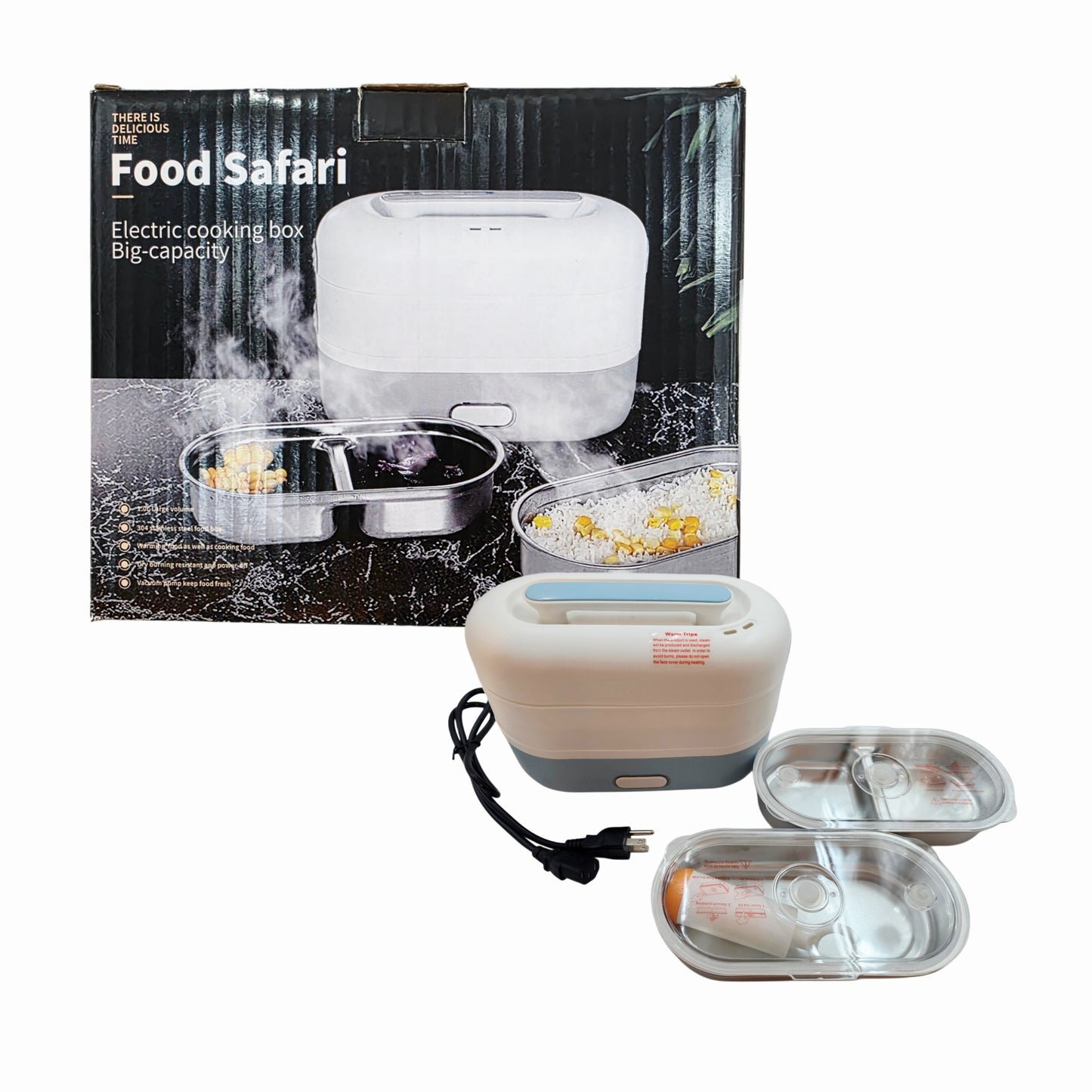 Food Safari Electric Cooking/Warming Lunch Box - 350W - 2-Layer Cooking - Stainless Steel Food Containers - Vacuum Pump Included