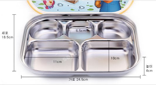 Pororo Stainless Steel Food Tray With Lid & Carrying Bag (5 Partition) - Made in Korea