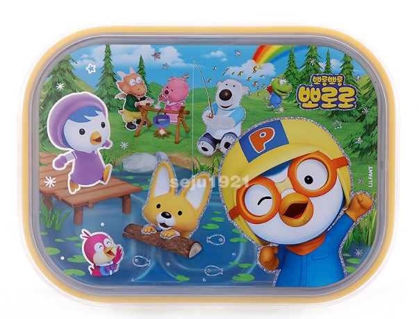Pororo Stainless Steel Food Tray With Lid & Carrying Bag (5 Partition) - Made in Korea