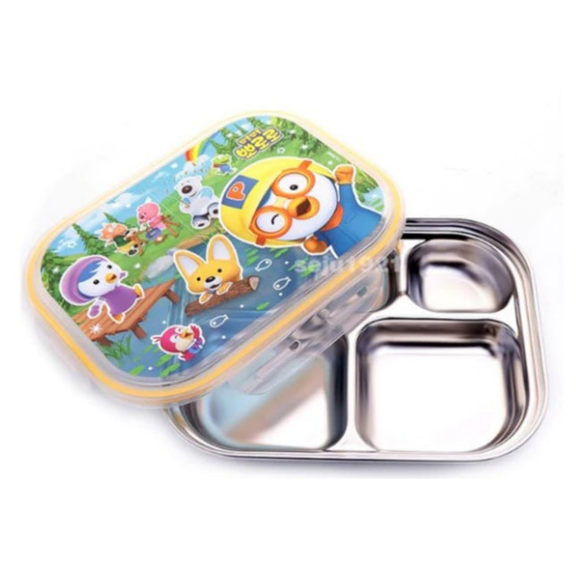 Pororo Stainless Steel Food Tray With Lid & Carrying Bag (5 Partition) - Made in Korea