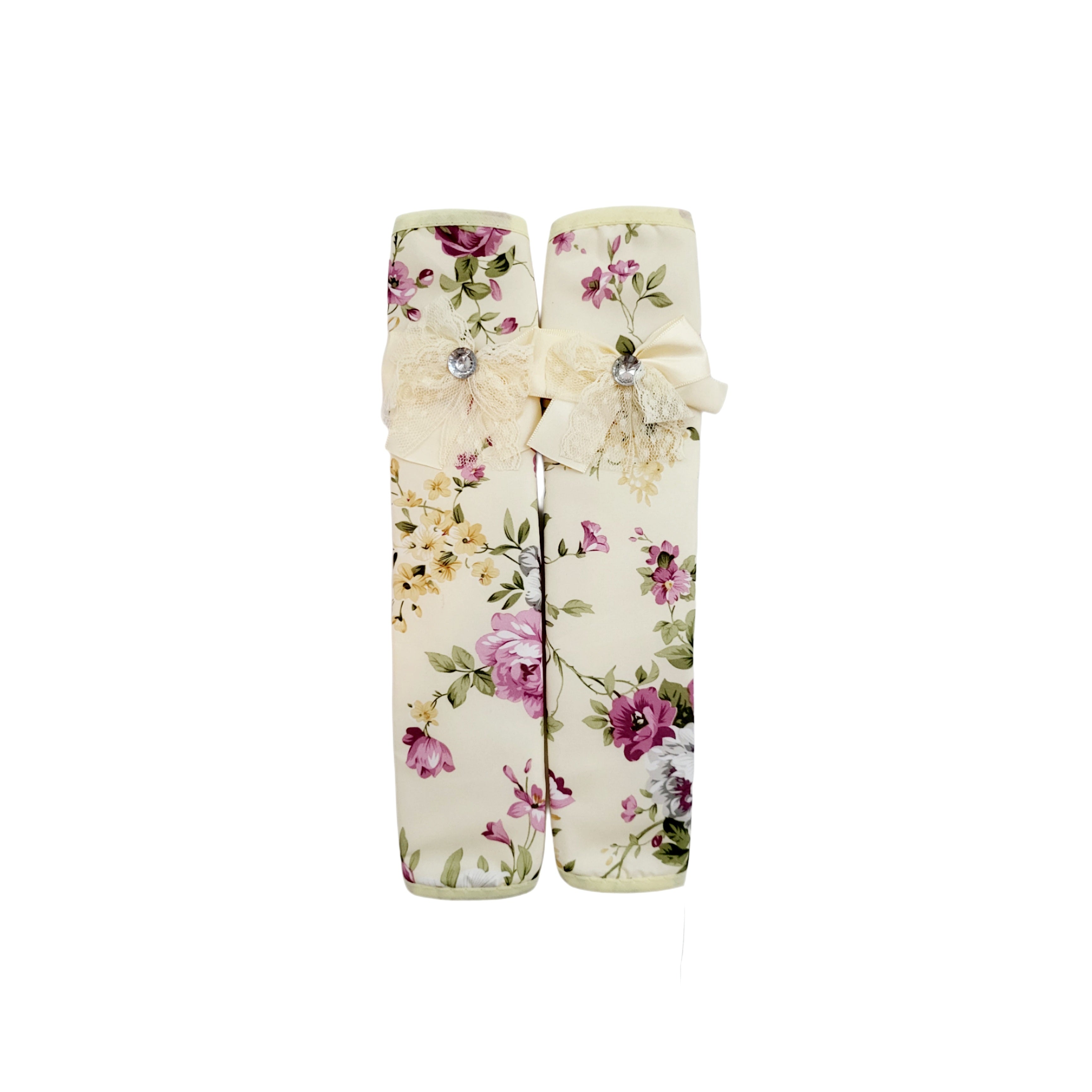 Refrigerator Handle/Seat Belt Covers Small (2 pcs – Elegant Flower/Ribbon Design) - Washable cloth, velcro straps