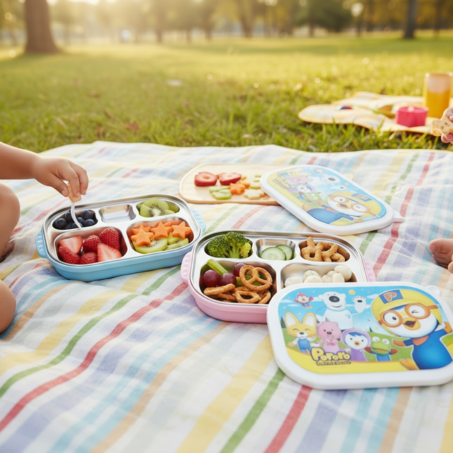 Pororo Stainless Steel Food Tray With Lid (5 Partition) - Pink & Blue - Made in Korea