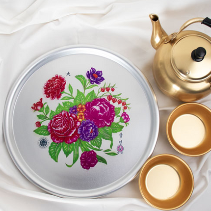 Traditional Korean Flower Design Round Aluminum Serving Trays (3 Sizes) - Made in Korea