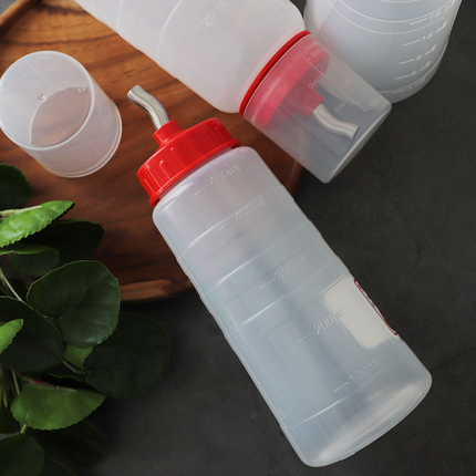 ALS Wide Spout Sauce Bottles W/ Measuring Lid - Made in Korea (Stainless Steel Spout - 2 Sizes)