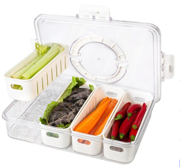 Large Snap-Lock Produce Storage Container w/ 4 Removable Strainers, Clear Lid, & Carrying Handles