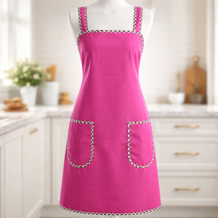 Waterproof Kitchen Apron with Plaid Trim (4 Colors: Red, Black, Pink, Navy)
