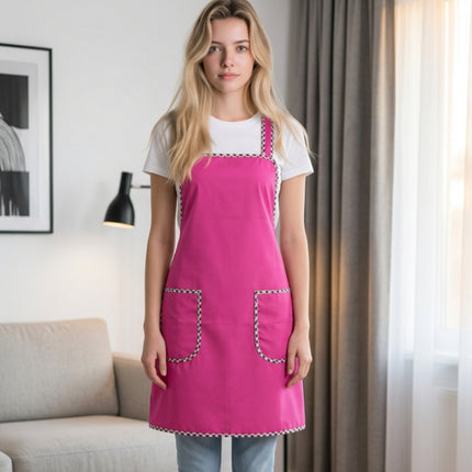 Waterproof Kitchen Apron with Plaid Trim (4 Colors: Red, Black, Pink, Navy)