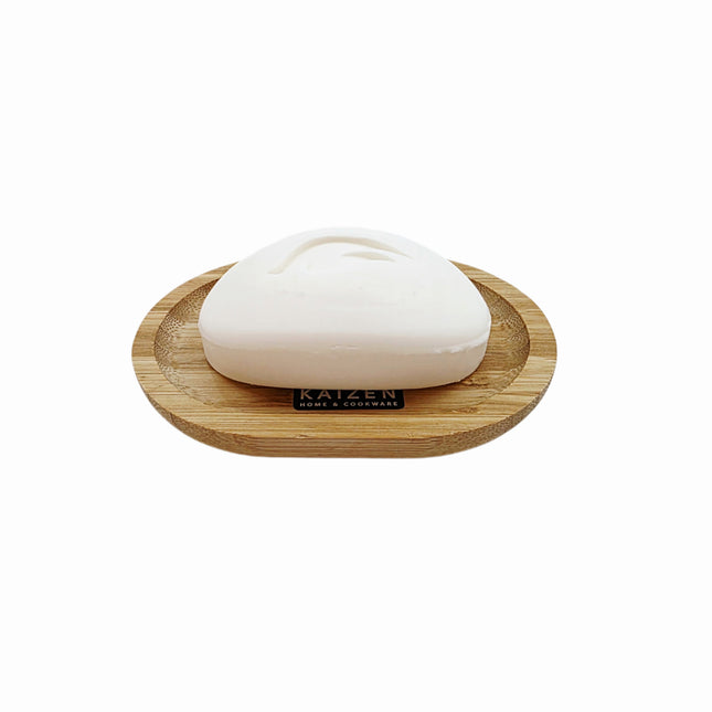 Kaizen Bamboo Wooden Soap Dish – Oval Draining Soap Holder with Non-Slip Pads (5" x 3.5")