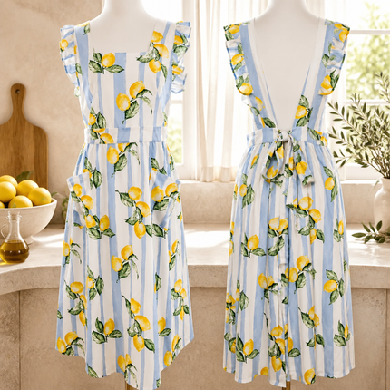 Coastal Lemon Ruffle Apron Dress with Pockets & Back Tie (Golaga Exclusive) - Blue Lemon Stripe Kitchen Aprons