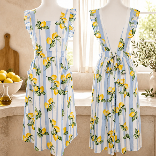 Coastal Lemon Ruffle Apron Dress with Pockets & Back Tie (Golaga Exclusive) - Blue Lemon Stripe Kitchen Aprons