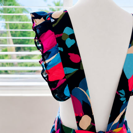 Midnight Botanical Ruffle Apron Dress with Pockets & Back Tie (Golaga Exclusive) - Black Multicolor Kitchen Aprons