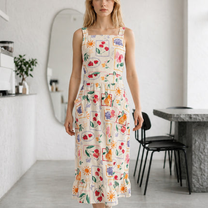 Botanical Art Apron Dress with Pockets & Back Tie (Golaga Exclusive) - Vintage Cherry, Fruit, Floral Design Kitchen Aprons