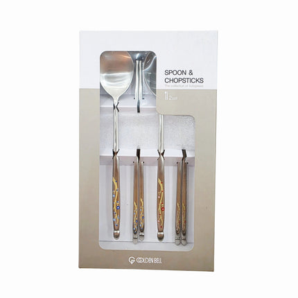 Golden Bell Korean 18/10 Stainless Steel Spoon & Chopsticks Set (2 Person Set) - Blue & Red Floral Vine Design Handle - Made in Korea