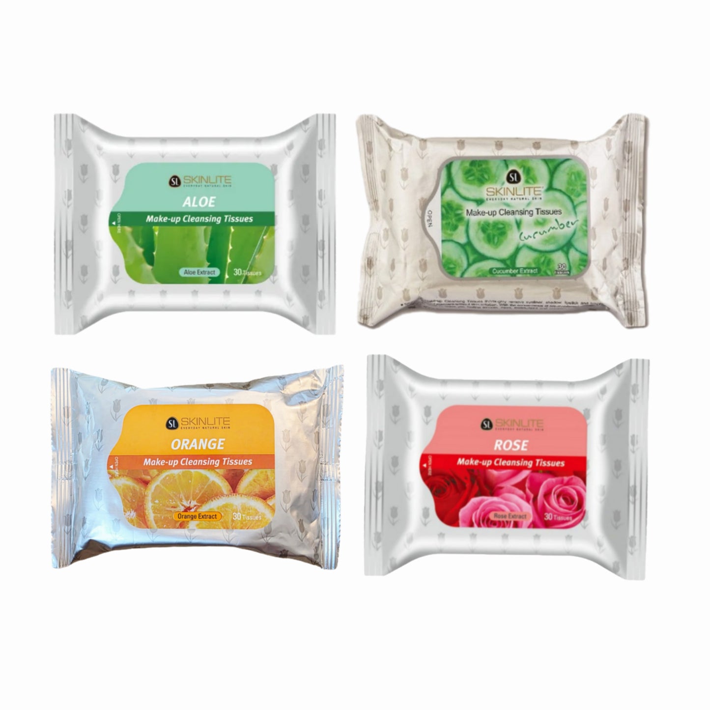 SKINLITE Makeup Removing Facial Cleansing Tissues (30pc Pack) - 4 Types (Aloe, Cucumber, Orange, Rose) - Made in Korea