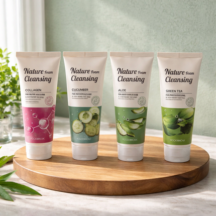 FOODAHOLIC Nature Foam Cleansing – Korean Facial Cleanser (Aloe, Cucumber, Green Tea, Collagen | 150ml) - Made in Korea