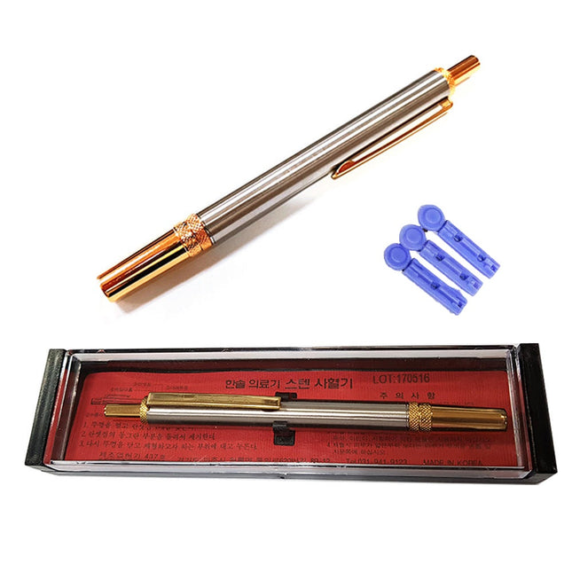 Hansol Acupuncture Needle Pen W/ 3 Lancets/Needles - Stainless Steel Finger Pricking Device - Bloodletting Pen - Made in Korea