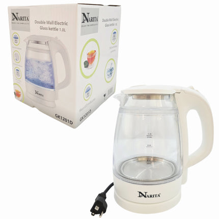 Narita Double Wall Pyrex Glass Electric Kettle with Blue LED (1.0L) – Cordless Electric Kettle – 360° Rotating Power Base