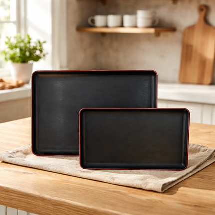 Japanese-Style Melamine Serving Tray – Black with Wood-Grain Finish & Red Rim - 2 Sizes (Small & Large)