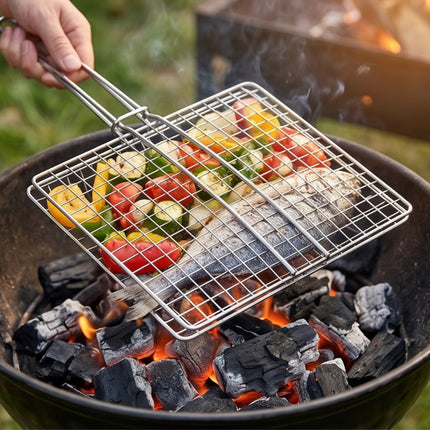 Stainless Steel Double-Layer Square Mini BBQ Grill Basket with Locking Ring – 7.9" x 7.9" (20 x 20 cm)