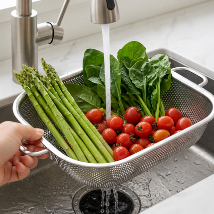 Stainless Steel Perforated Colander Strainer Basket with Handles - 2 Sizes (8.7" or 10.2") - Square Design