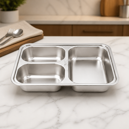 SUS304 Stainless Steel 3-Compartment Serving Tray, 9.5" x 6.75" x 1.5"