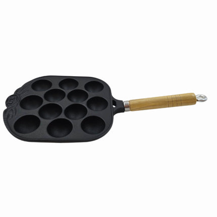 Takoyaki Grill Pan (12 Holes) - Cast Iron Stovetop Pan with Wooden Handle