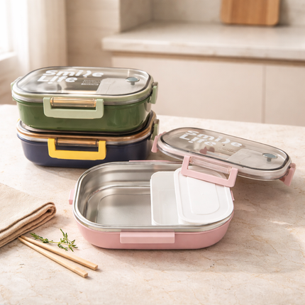 Stainless Steel Bento Lunch Box (3 Colors: Blue/Yellow, Mint Green, Blush Pink) – 2-Tier – 710ml Leak-Lock Container