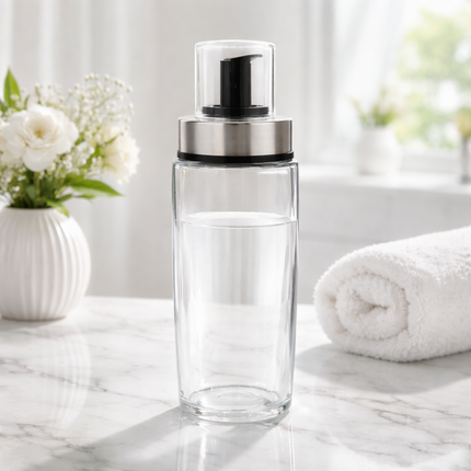 No-Spill SG Table Oil & Vinegar Bottle (Airtight, Leak-Proof) - 300ml/10.1oz - Glass Body, Stainless Steel Rim, Heavy Duty Plastic Spout and Snap-On Cap, Rubber Gasket