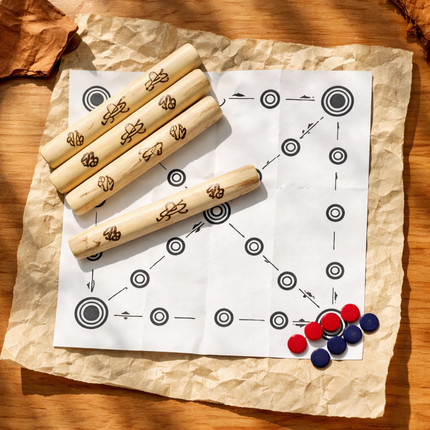 Traditional Korean Yutnori Folk Game Set (4 Yut Sticks, Game Board, 8 Playing Pieces)