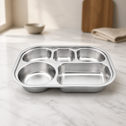 SUS304 Stainless Steel Rounded 5-Compartment Serving Tray, 10.25" x 7.5" x 1.5"