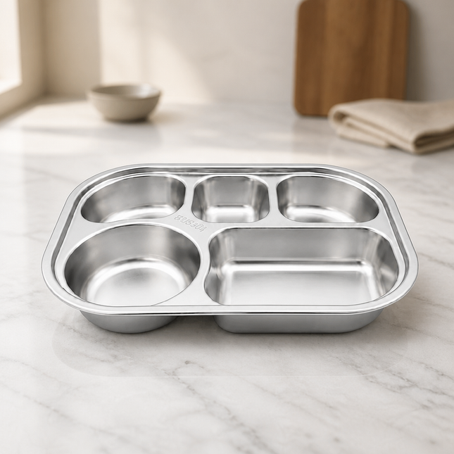 SUS304 Stainless Steel Rounded 5-Compartment Serving Tray, 10.25" x 7.5" x 1.5"