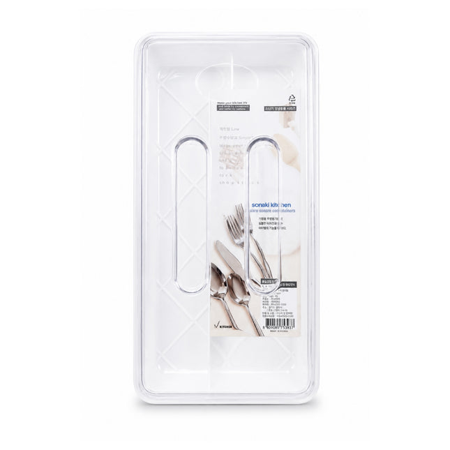 Sonaki Mate White Plastic Divided Cutlery Storage Organizer with Clear Lid & Grip Handles – 10" x 5.25" x 2.25" – Made in Korea