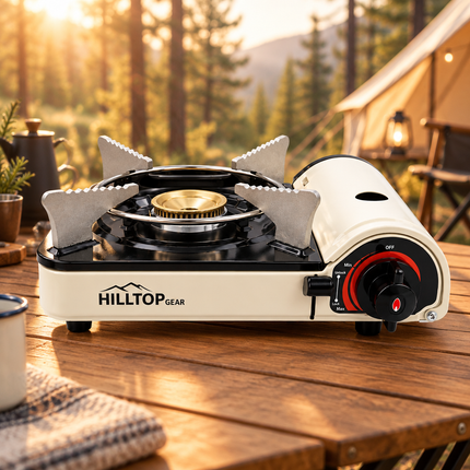 Hilltop Gear HP-01 Portable Butane Gas Stove, 6500 BTU Compact Burner with Safety Shutoff, Reset Button & Carrying Case – Made in Vietnam