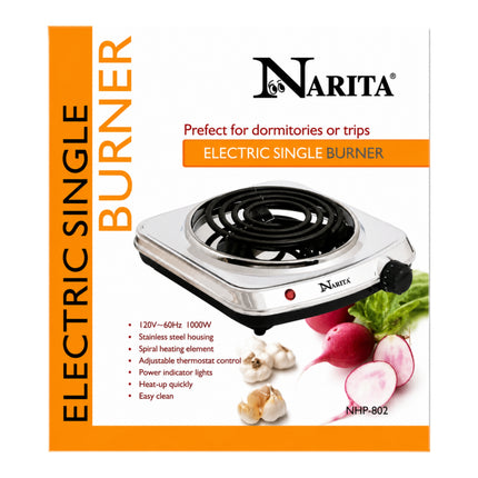 Narita Electric Single Burner Hot Plate - 1000W Spiral Coil Countertop Burner - 11" x 12" - ETL Listed