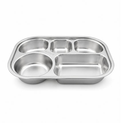 SUS304 Stainless Steel Rounded 5-Compartment Serving Tray, 10.25" x 7.5" x 1.5"